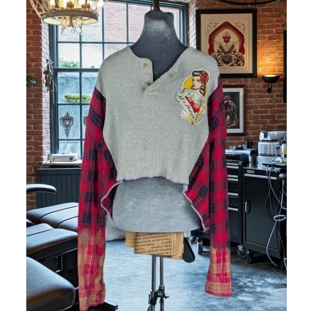 Upcycled Henley Plaid Crop Top Flannel Pinup Tattoo Patch Grey Red Grunge